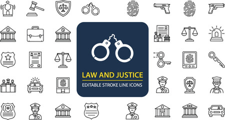 Law and justice line icons set featuring police symbols, court elements, handcuffs, scales, crime investigation graphics, legal system illustration collection © Rafin's World