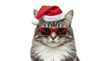 Tabby cat wearing a red Santa Claus hat and red glasses looking at camera on a transparent background PNG image