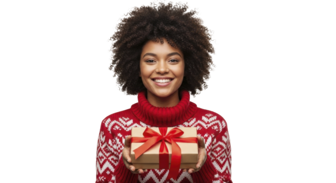 Smiling Black woman in red festive sweater holding Christmas gift box with red ribbon on a transparent background PNG image