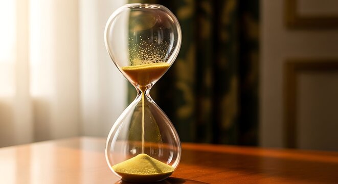 Elegant glass hourglass with golden sand flowing symbolizing the passage of time and moments passing