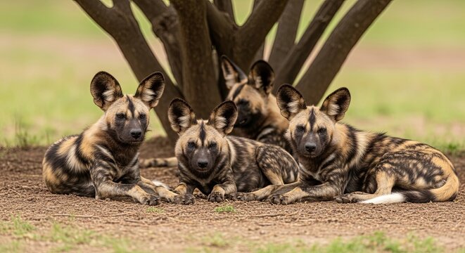 African Wild Dogs Resting Under Tree, Close-Up, Striking Pattern, Wildlife Portrait.