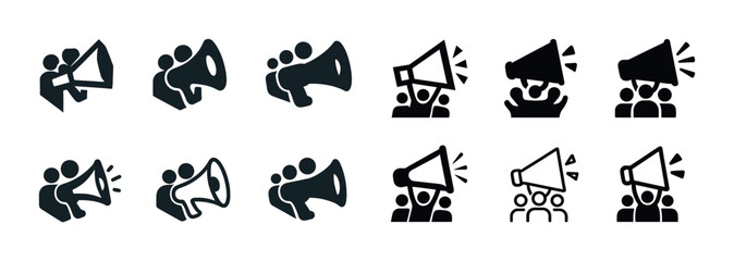 Megaphone icon set: communication symbols in various styles