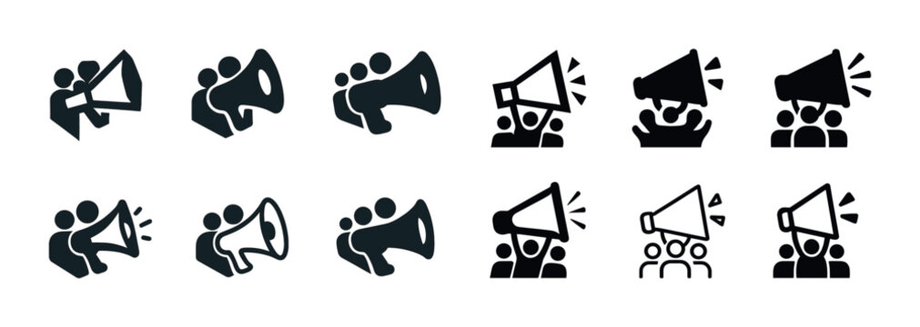 Megaphone icon set: communication symbols in various styles