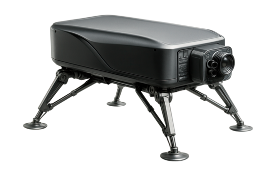 Rectangular lander featuring extendable legs and an integrated spectrometer.