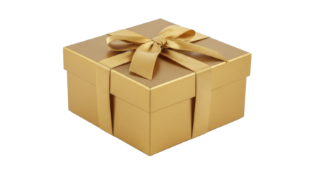 Festive Golden Gift Box with Gold Ribbon Bow on a Transparent Background, PNG image, PNG file