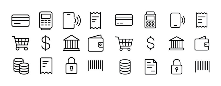 Collection of finance and shopping icons in black and white