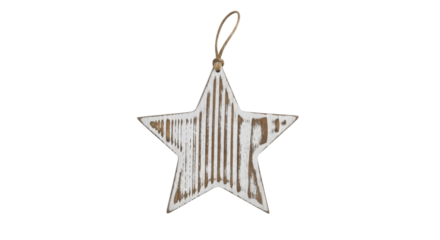 Distressed White Wooden Christmas Star Ornament Jute Loop on a Transparent Background PNG Image