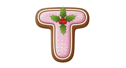 Christmas gingerbread cookie letter T decorated with festive pink icing, white snowflakes, green holly leaves, and red berries on a transparent background, PNG image, PNG file