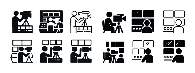 Icon set of video production and editing scenes in black and white
