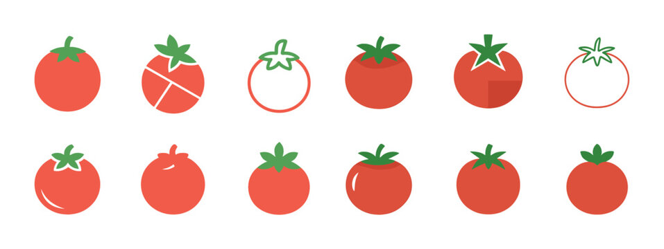 Various stylized tomato illustrations on white background