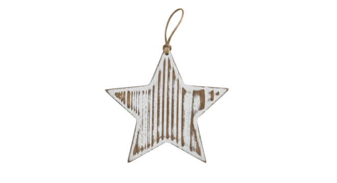 Distressed White Wooden Christmas Star Ornament Jute Loop on a Transparent Background PNG Image
