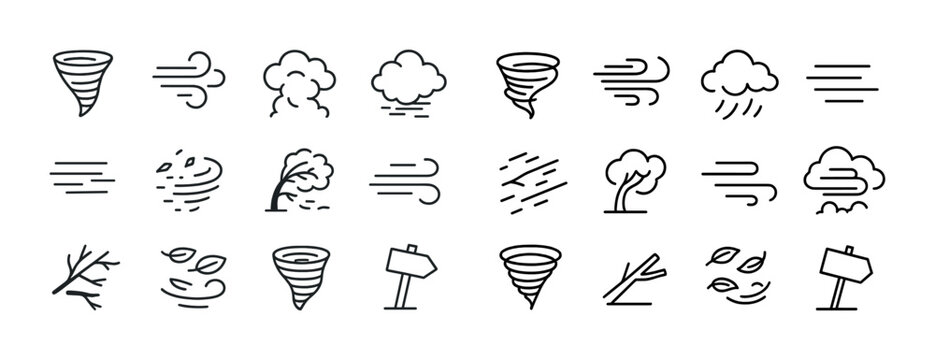 Wind and weather icon set: tornado, cloud, wind, tree