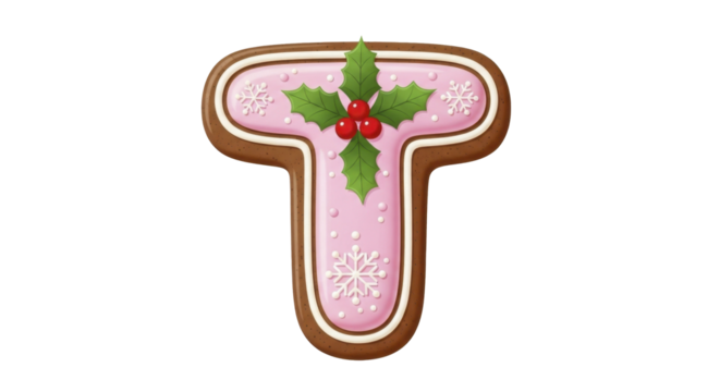 Christmas gingerbread cookie letter T decorated with festive pink icing, white snowflakes, green holly leaves, and red berries on a transparent background, PNG image, PNG file - Powered by Adobe