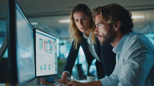 Two colleagues analyzing data on computer screens in an office environment together at their workplace - Powered by Adobe