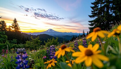 Mountain sunset with wildflowers in bloom.