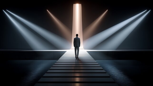 Man in Suit Walks Toward Bright Light Through Dark Stage With Spotlights