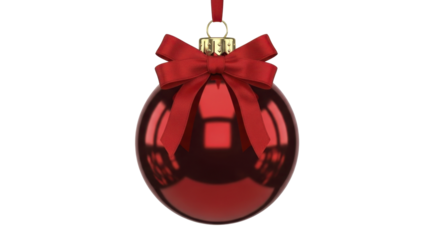 Red Christmas ornament with ribbon bow on a transparent background, PNG image, festive decor