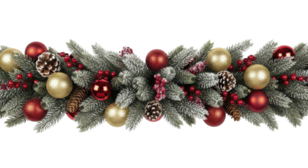 Winter Christmas Garland with Golden Ornaments and Red Berries on a Transparent Background PNG File