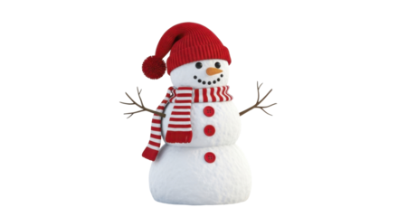 Festive snowman wearing red knit hat and striped scarf on a transparent background, PNG image