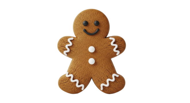 Smiling gingerbread man cookie with white icing on a transparent background PNG image PNG file