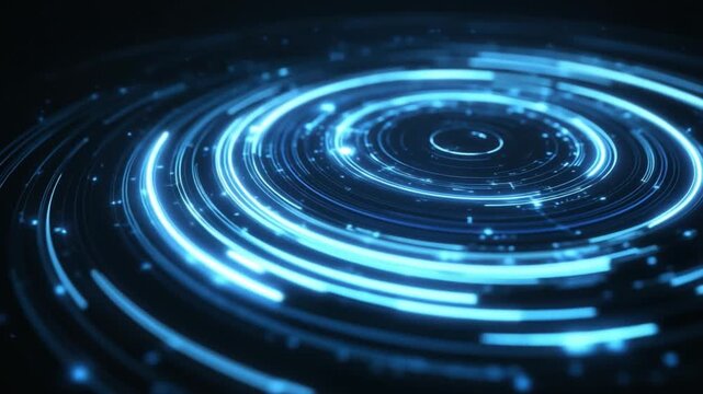 Data Vortex: Abstract digital data visualization with concentric circles and bright blue lights, representing a dynamic flow of information and technological advancement.