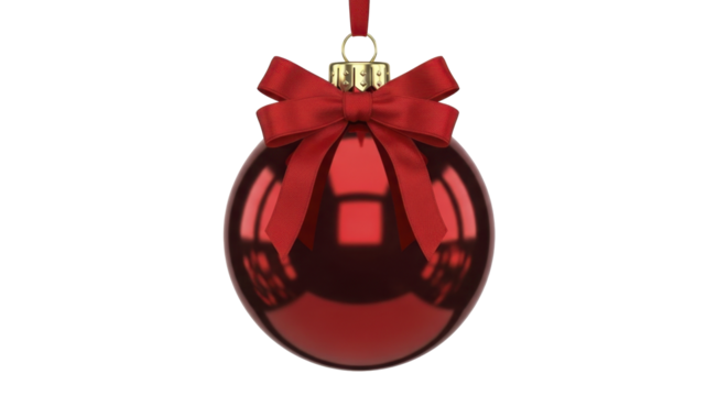Red Christmas ornament with ribbon bow on a transparent background, PNG image, festive decor