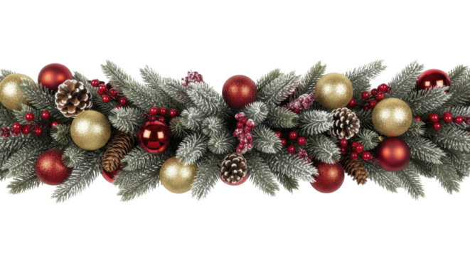 Winter Christmas Garland with Golden Ornaments and Red Berries on a Transparent Background PNG File