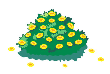 Cute cartoon yellow flower bush with green foliage and falling petals. Cheerful illustration, perfect for spring, nature, garden, and kids designs. No background