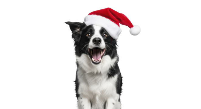 Happy Border Collie dog wearing a red Santa hat on a transparent background, PNG image