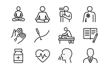 Pain Relief Icons. Pain relief strategies. Line outline icon set of pain relief strategies: yoga pose,