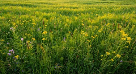 A vibrant, expansive meadow filled with lush green herbage and diverse wildflowers, bathed in sunlight on a peaceful spring afternoon ,meadow ,expansive ,landscape