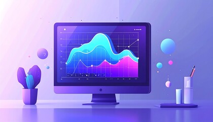 Modern Computer Displaying Data Visualization with Abstract Shapes and Minimalist Design.