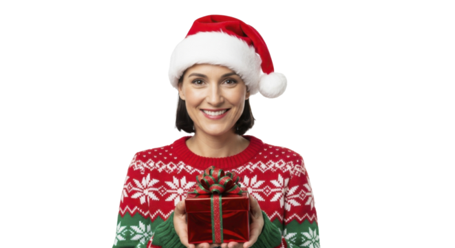  Smiling woman in Santa hat and festive sweater holding a Christmas gift on a transparent background, PNG image