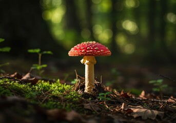 A vibrant red cap toadstool stands tall among the damp moss and fallen leaves on the forest floor, basking in soft filtered sunlight ,autumn ,lush ,foliage