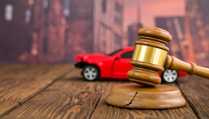 Car accident and gavel on wooden table.