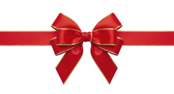 Christmas red festive bow with shimmering gold trim on a transparent background, PNG image