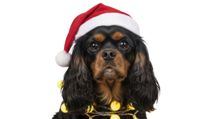 Dog in Santa hat and Christmas lights on a transparent background, PNG image, PNG file.