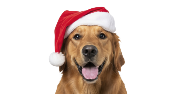 Golden Retriever dog wearing red Santa hat smiling happy on a transparent background PNG image for Christmas holidays celebration