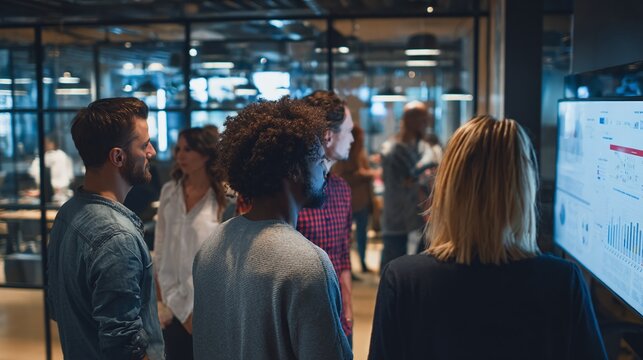 Group of diverse professionals gathered around a screen in a modern office space setting for a meeting