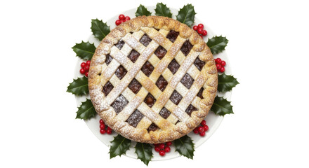 Christmas festive holiday pie with lattice crust, holly, berries, on a transparent background, PNG image