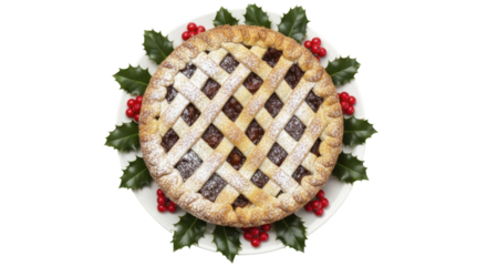 Christmas festive holiday pie with lattice crust, holly, berries, on a transparent background, PNG image