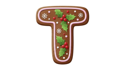 Festive Gingerbread Letter T Cookie with Holly and Snowflakes on a transparent background, PNG image