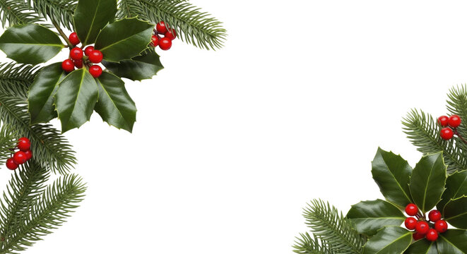 Holly and Pine Christmas Border with Red Berries on a Transparent Background PNG Image PNG File - Powered by Adobe