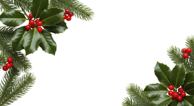 Holly and Pine Christmas Border with Red Berries on a Transparent Background PNG Image PNG File