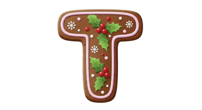 Festive Gingerbread Letter T Cookie with Holly and Snowflakes on a transparent background, PNG image