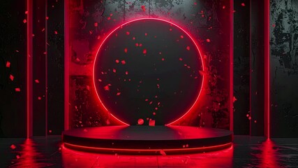 Futuristic 3D stage with a red neon glowing circle and falling confetti. Dark, modern product presentation podium background. Empty platform for award ceremony or event. Loopable animation. - Powered by Adobe