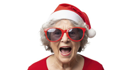  Surprised Senior Woman Wearing Santa Hat and Red Sunglasses with Open Mouth on a Transparent Background PNG image