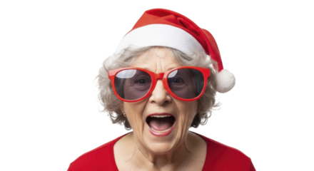  Surprised Senior Woman Wearing Santa Hat and Red Sunglasses with Open Mouth on a Transparent Background PNG image