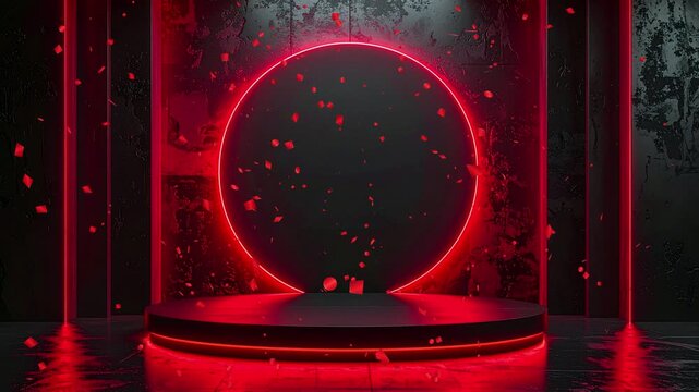 Futuristic 3D stage with a red neon glowing circle and falling confetti. Dark, modern product presentation podium background. Empty platform for award ceremony or event. Loopable animation.