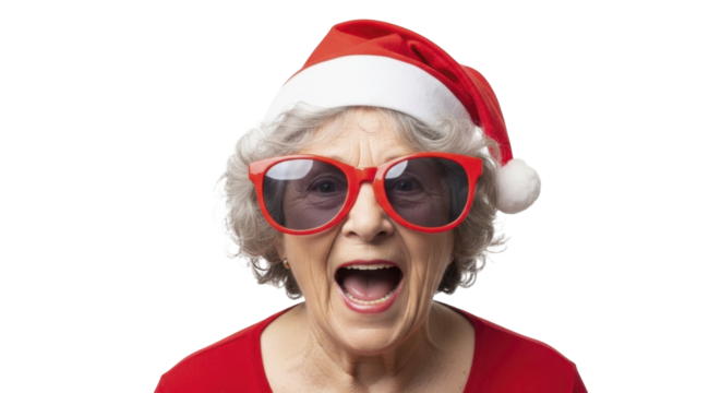  Surprised Senior Woman Wearing Santa Hat and Red Sunglasses with Open Mouth on a Transparent Background PNG image - Powered by Adobe
